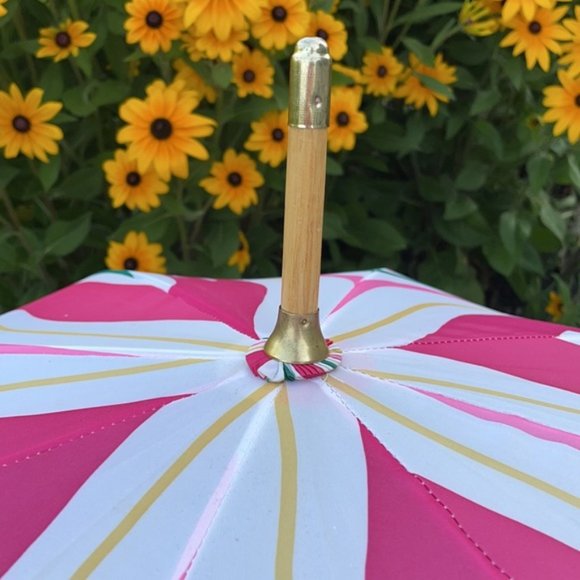 Vintage Oscar de la Renta Wooden Umbrella Pink and Green Swirls - Picture 15 of 16